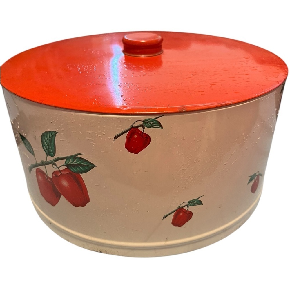 Vintage metal cake carrier-lid only featuring apples red white retro art deco